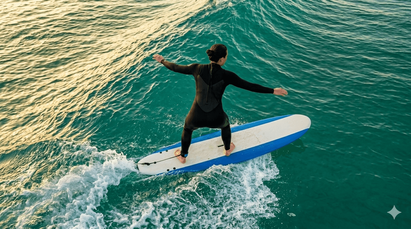 First wave pool session - beginner surfer on a foamie