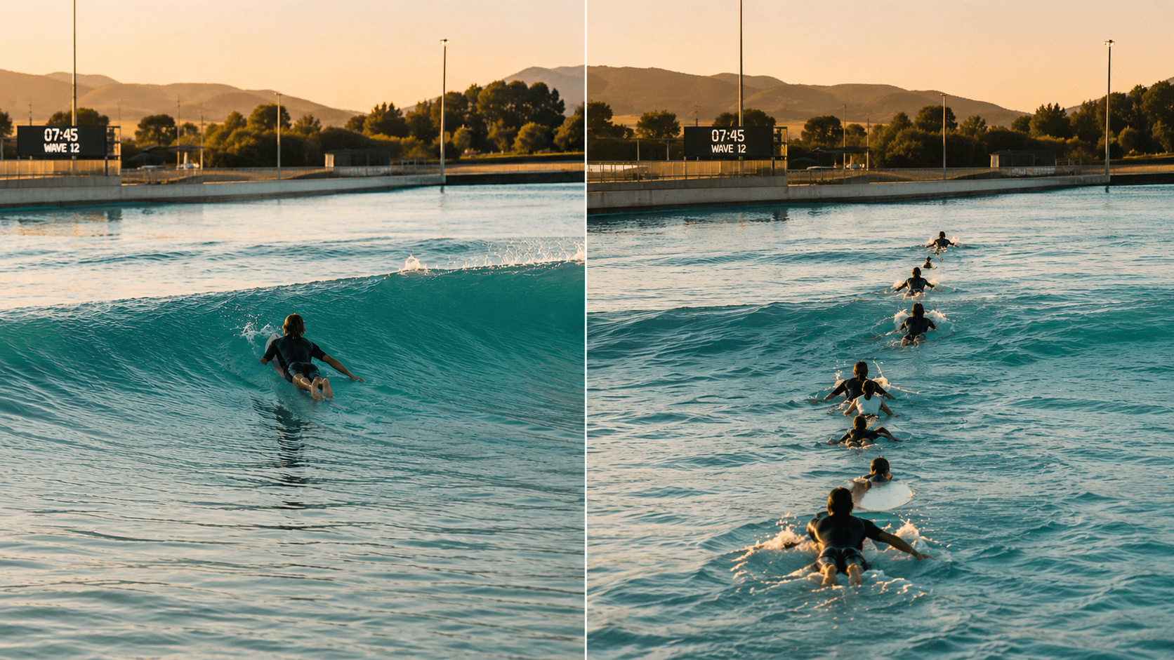 Split scene showing an empty wave pool lane next to a packed one