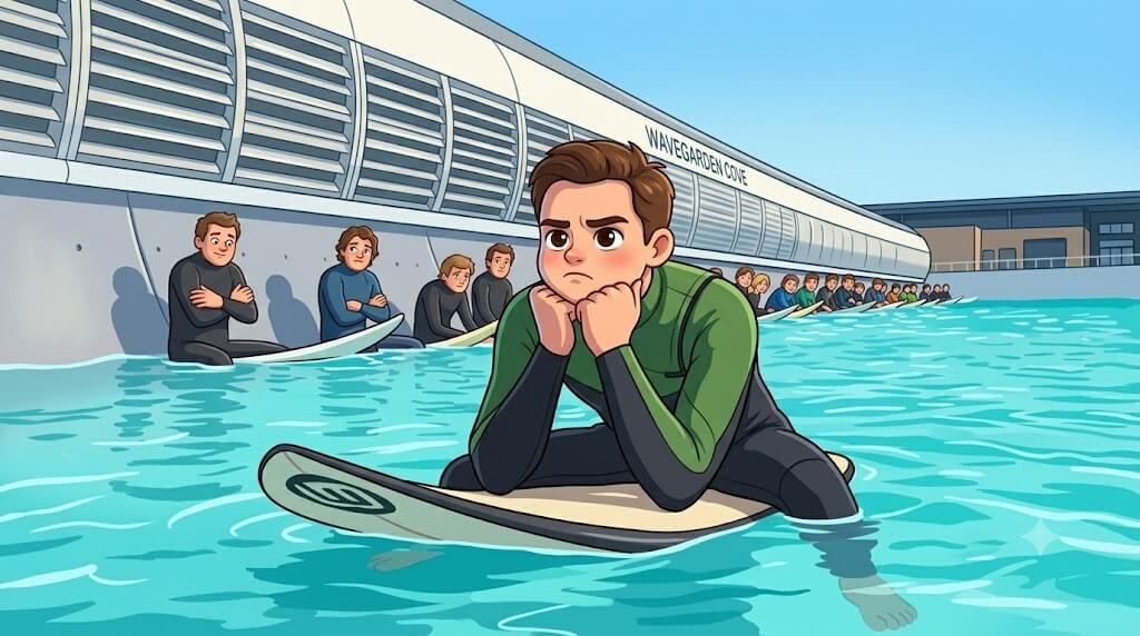 Cartoon showing the difference between a packed surf park session and a low-count one