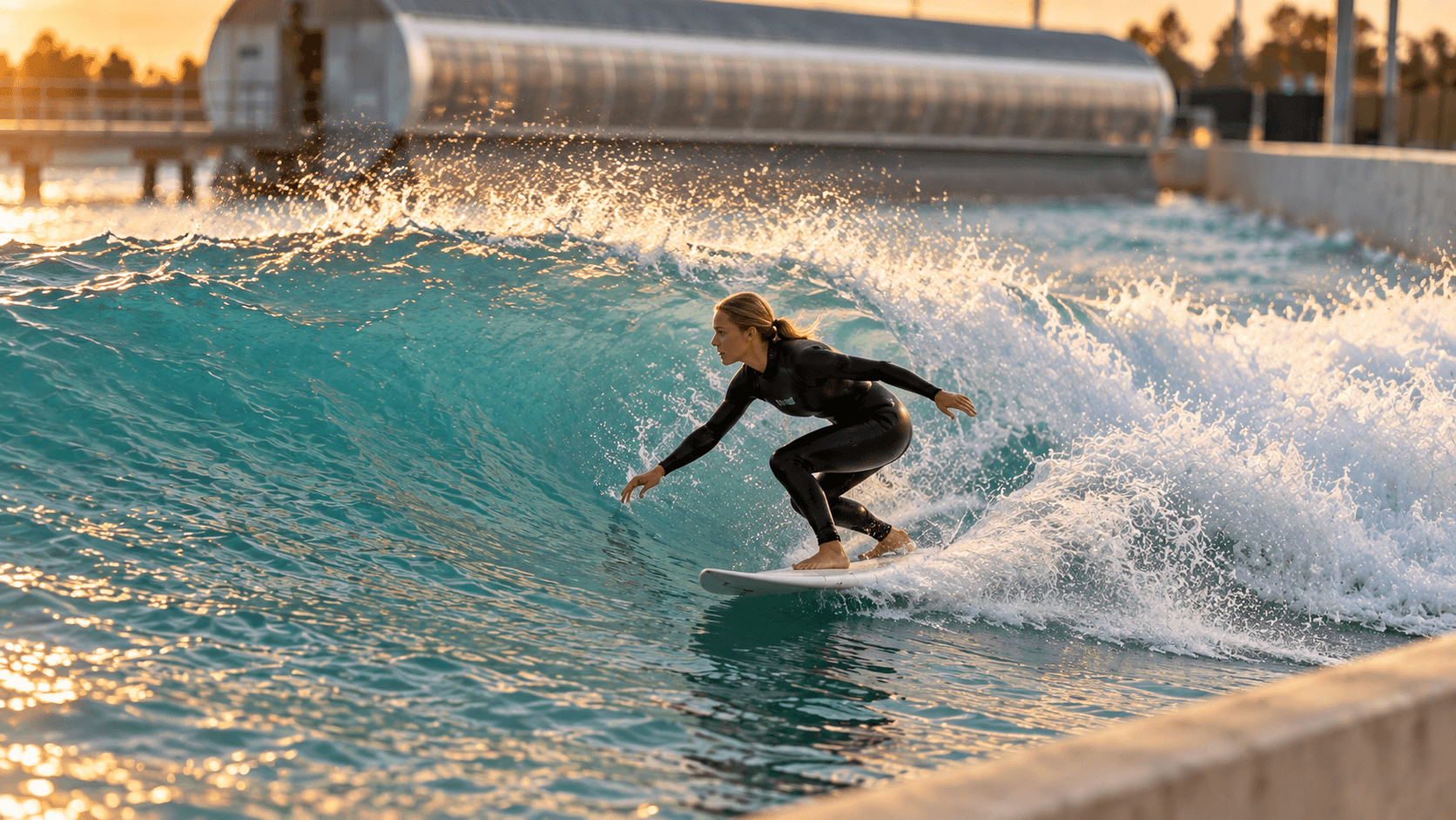 Surfer dropping into a steeper wave at a wave pool, one level up from their usual session