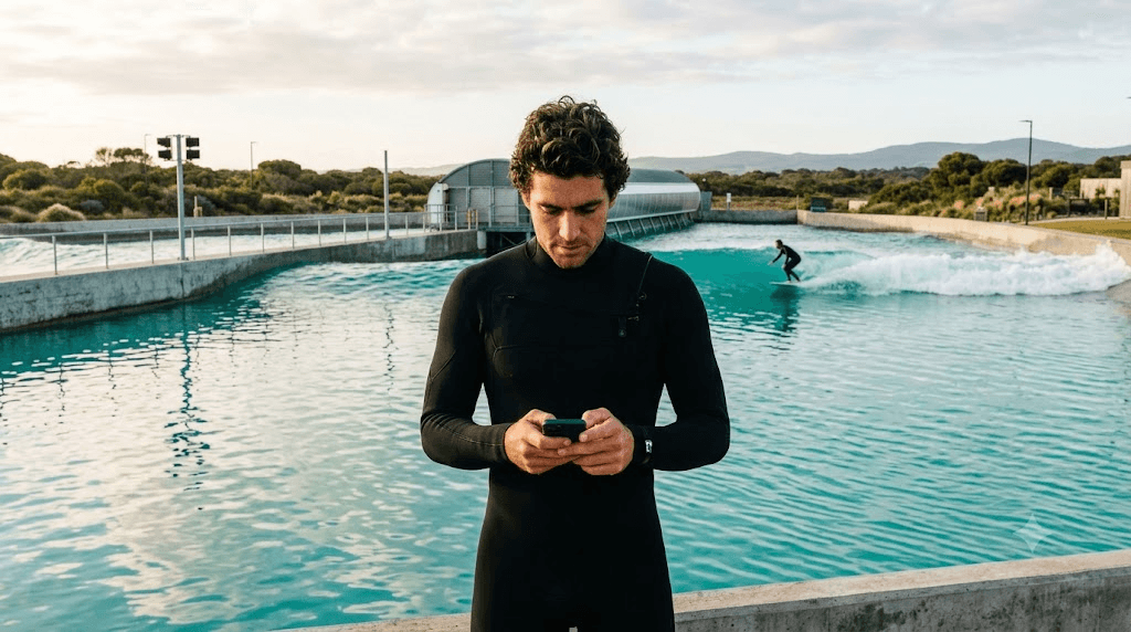 Surfer checking Windguru before a surf park session